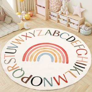 Round Kids Alphabet Rug, 59 inch Rainbow Classroom Rug, White, 4'11"