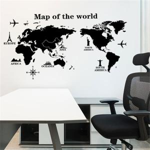 Map of The World Wall Decals English Black International Map Wall Stickers Peel and Stick Removable PVC Wall Decor Kids Bedroom Living Room Nursery Classroom Study Room Office Wall Art Murals