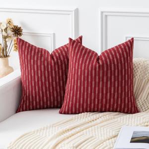 Kevin Textile Valentines Farmhouse Decorative Throw Pillow Covers Boho Woven Texture Burlap Linen Cushion Cover Striped Pillowcase, Wine Red 18 x 18 inches, Pack of 2