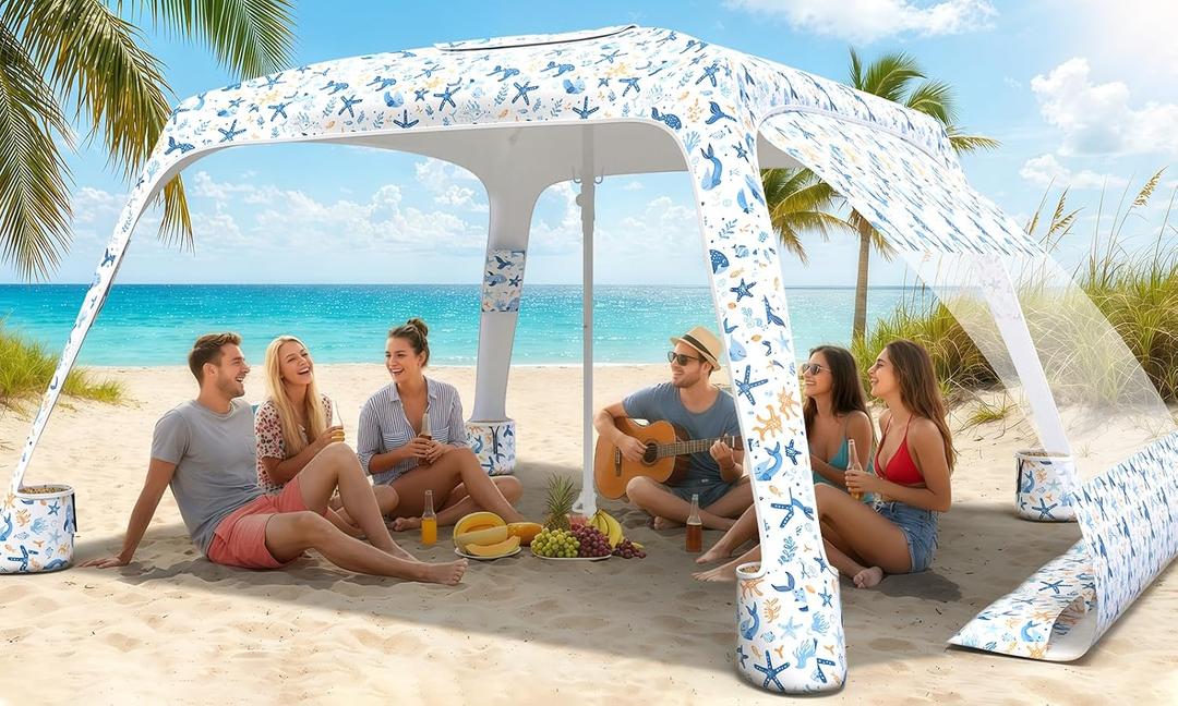 Beach Cabana, 6.5'×6.5' Cool Cabana, UPF50+ Beach Canopy, Adjustable Height Beach Tent Sun Shelter, Sun Umbrella with Removable Side Wall, Beach Shade for Beach, Garden, Camping(Fish Print), 6.5' x 6.5' x 7.5'