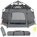 Pop Up Playpen for Babies with Canopy & Safety Lock - Outdoor Baby Playpen with 6 Ground Stakes & 6 Sand Stakes, UV Protection & Carry Bag, Instant Beach Tent for Indoor/Outdoor UseGrey