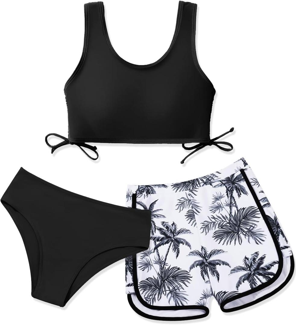 Girl's 3 Piece Bikini Bathing Suit Printed Sport Swimsuits with Shorts Cove Up Sets Teen Girl's Swimwear (Black and Coconuts), Size: 13-14 Years