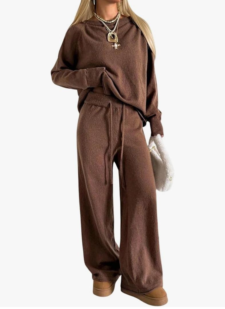 SOLY HUX Women's 2 Piece Knit Outfits Sweater Set Long Sleeve Pullover Tops and Wide Leg Pants Fall Clothes, M