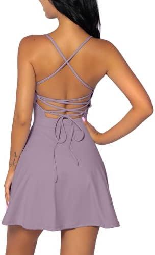 QINSEN Womens Two Pieces Tennis Dress with Shorts Workout Open Back Active Golf Dresses Size S