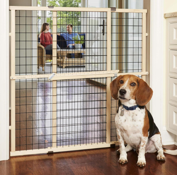 MYPET Wire Mesh Dog Gate: 29.5"-40" Wide, Pressure Mounted with No Tools; Expandable, Durable Pet Gates for Doors and Hallways, 37" Tall, Made with Sustainable Hardwood