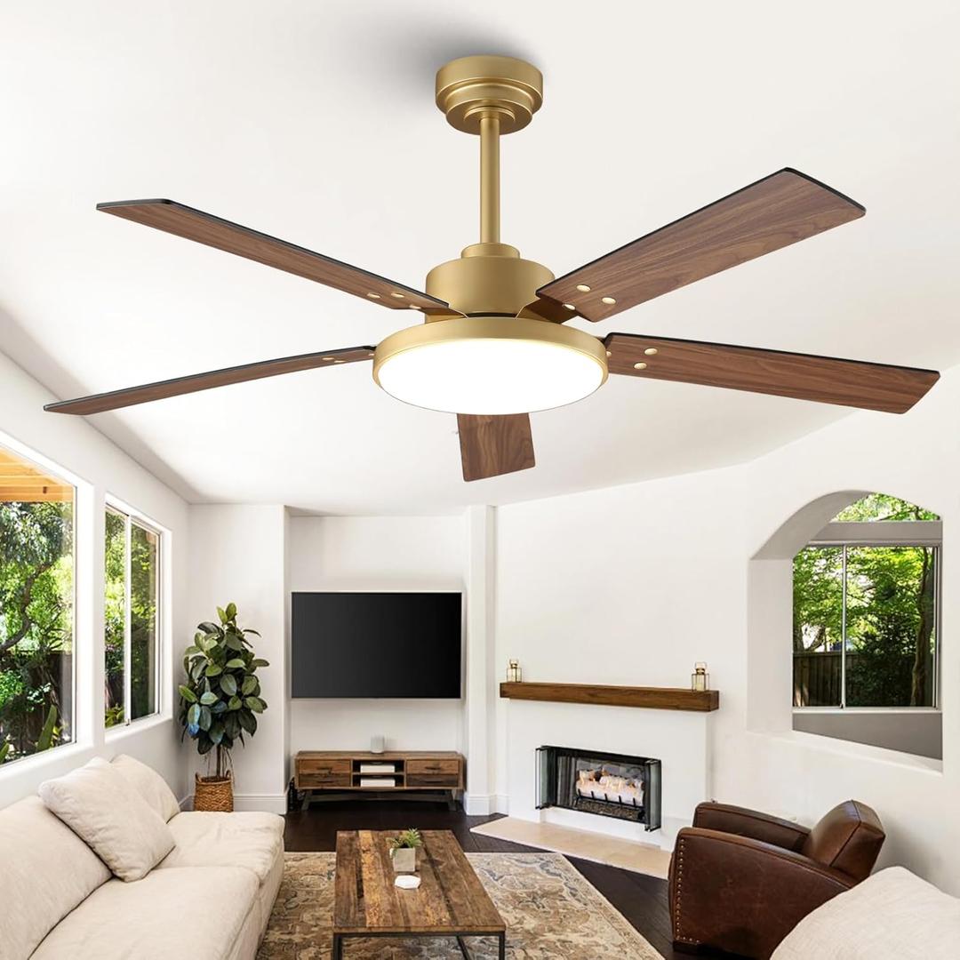 52 Inch Gold Ceiling Fans with Lights and Remote/APP, Modern Sleek Black and Gold Ceiling Fan, ETL Listed, Indoor Outdoor Smart Black Ceiling Fan for Bedroom Living Room Patio, 3CCT, 6 Speeds