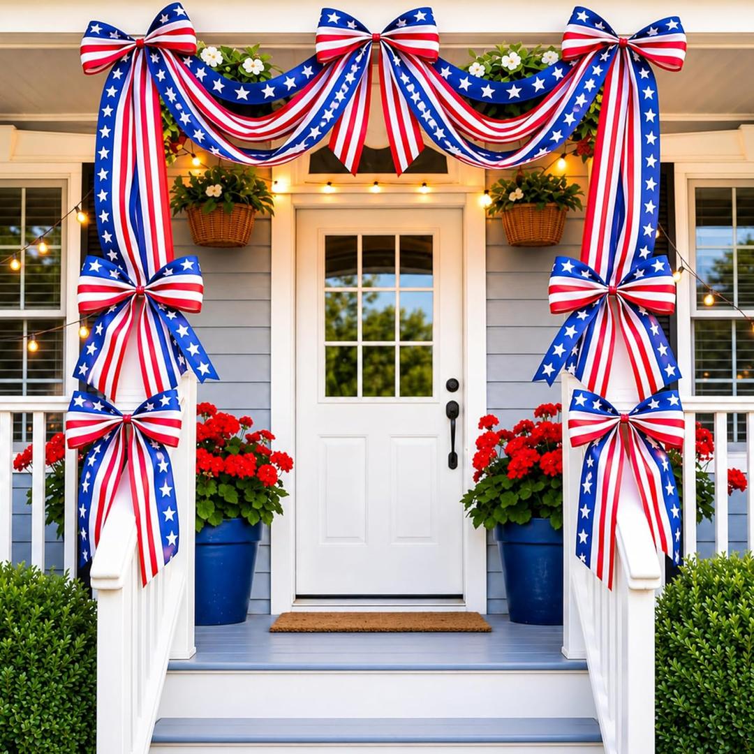 Knitgrip 10ft Patriotic Red White and Blue Outdoor Decorations Bunting Bow Garland with 4th of July 4 Large Bows Patriotic Porch Decor American Flag 250th Banner for Independence Day Wall Stair