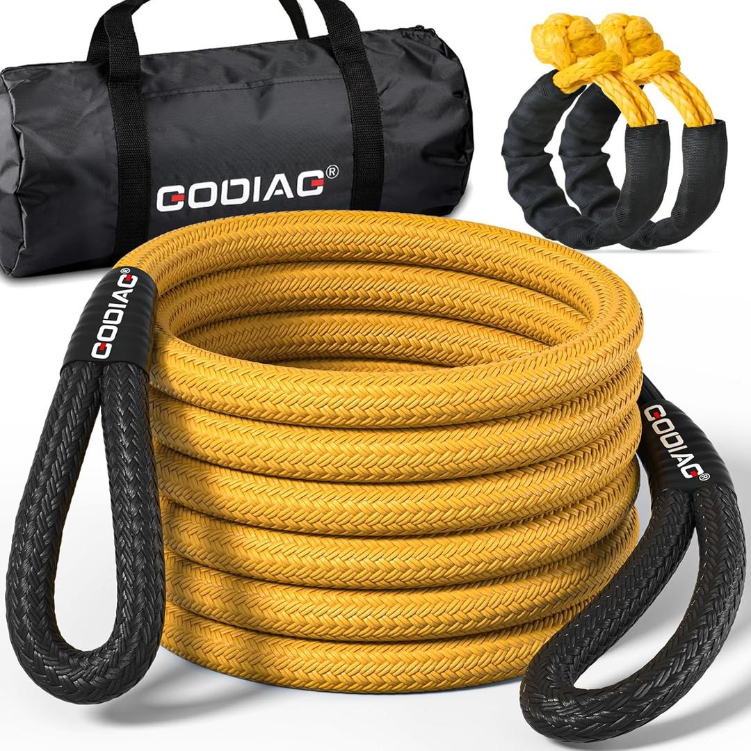 GODIAG 1"20ft Kinetic Recovery Rope (33000lbs) Heavy Duty Energy Tow Rope with 2 Soft Shackles, Offroad Power Stretch Snatch Rope for Truck Jeep Car ATV UTV Tractor (Yellow)
