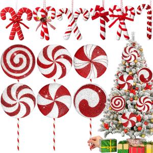 12 Pcs 15.75'' Large Candy Cane Christmas Decorations Giant Lollipop Candy Xmas Decorations with Sticks Red and White Peppermint Decor for Christmas Tree Ornaments Party, 12 Styles