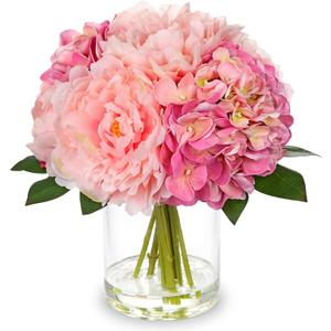 Hollyone Artificial Flowers Arrangements in Vase Pink Peonies and Hydrangea with Faux Water Faux Peony Hydrangea Flowers Silk Hydrangeas Fake Flower with Vase for Table Centerpiece Shelf Home Decor