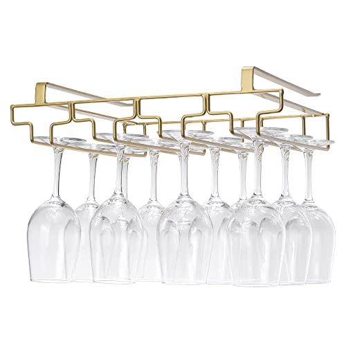 Wine Glass Rack Under Cabinet, Drilling Free No Screw Steamware Holder Under Shelf Metal Wine Glasses Holders 304 Stainless Steel Hanger Storage Organizer Hanging Glass Fit for Bar Kitchen 4 Rows Gold