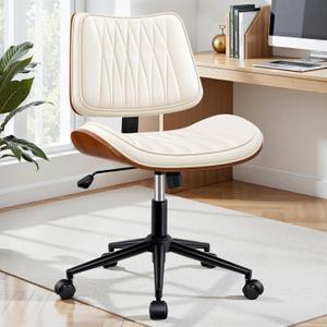 Ergonomic Armless Office Desk Chair - Mid-Century Modern White Faux Leather with Diamond Stitch, Adjustable Height Swivel Rolling Task Computer Chair with Walnut Accent for Home Office, Study & Work