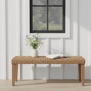 Outdoor Rattan Backless Bench with PE Wicker & Acacia Wood Frame, Natural