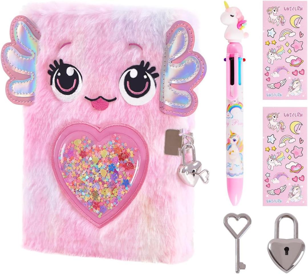 Axolotl Diary for Girls with lock and keys, Kids Journal School Travel Notebook Gift Set for Writing and Drawing,Multicolored Pen, Stickers, Birthday Gift for Girls ages 6-8