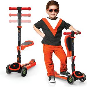 SKIDEE Kick Scooter for Kids Ages 3-5 | Foldable 3 Wheel Scooter with Lean-to-Steer, Adjustable Height, Removable Seat & LED Light Wheels | Toddler Scooter Up to 12 Year Old Boys/Girls