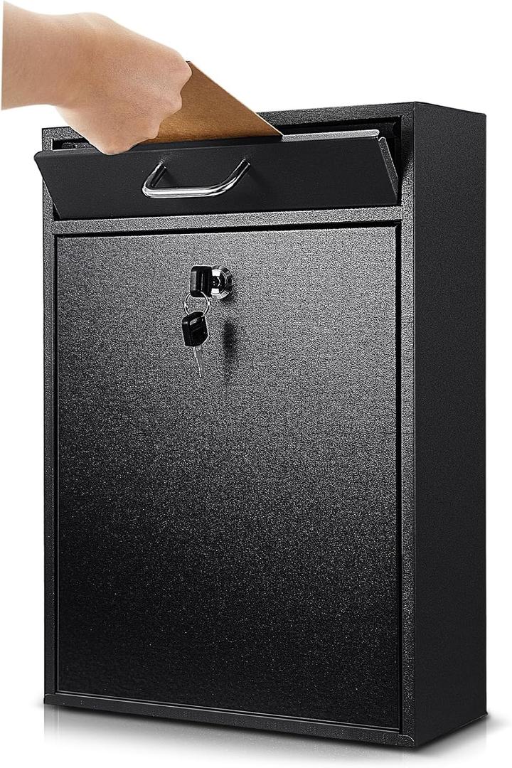Locking Mailbox with Key for Outdoor 16.2 x 11.2 x 4.7 Inches Large Wall Mount Mail Box with Lock Security Mail Drop Metal Collection Boxes Hanging Secure Postbox(Black)