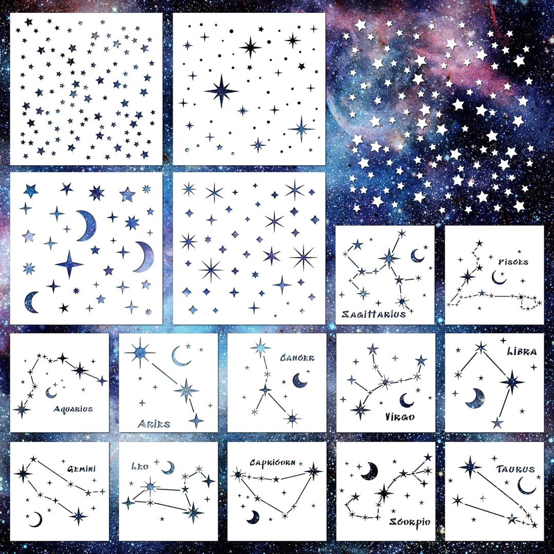 Keluna Star Stencils for Wall Decor - 16 Pcs Reusable Star Moon Zodiac Constellation Stencils for Wood, Canvas, Furniture