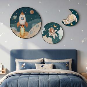 Framed Space Circle Wall Art for Kids Bedroom, Cute Canvas Prints Set of 3, 24"W x 24"H + 16"W x 16"H + 12"W x 12"H