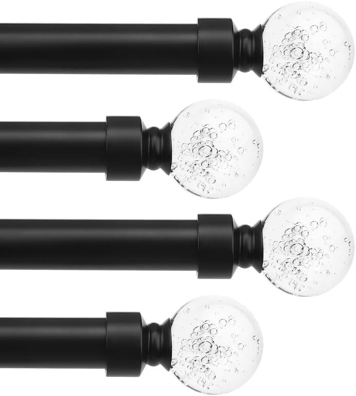 knobelite 4 Pack Black Window Treatment Single Curtain Rods, Adjustable Curtain Rod from 36 to 72 Inches with Crystal Finial Finials,1-Inch Curtain Rods for Windows