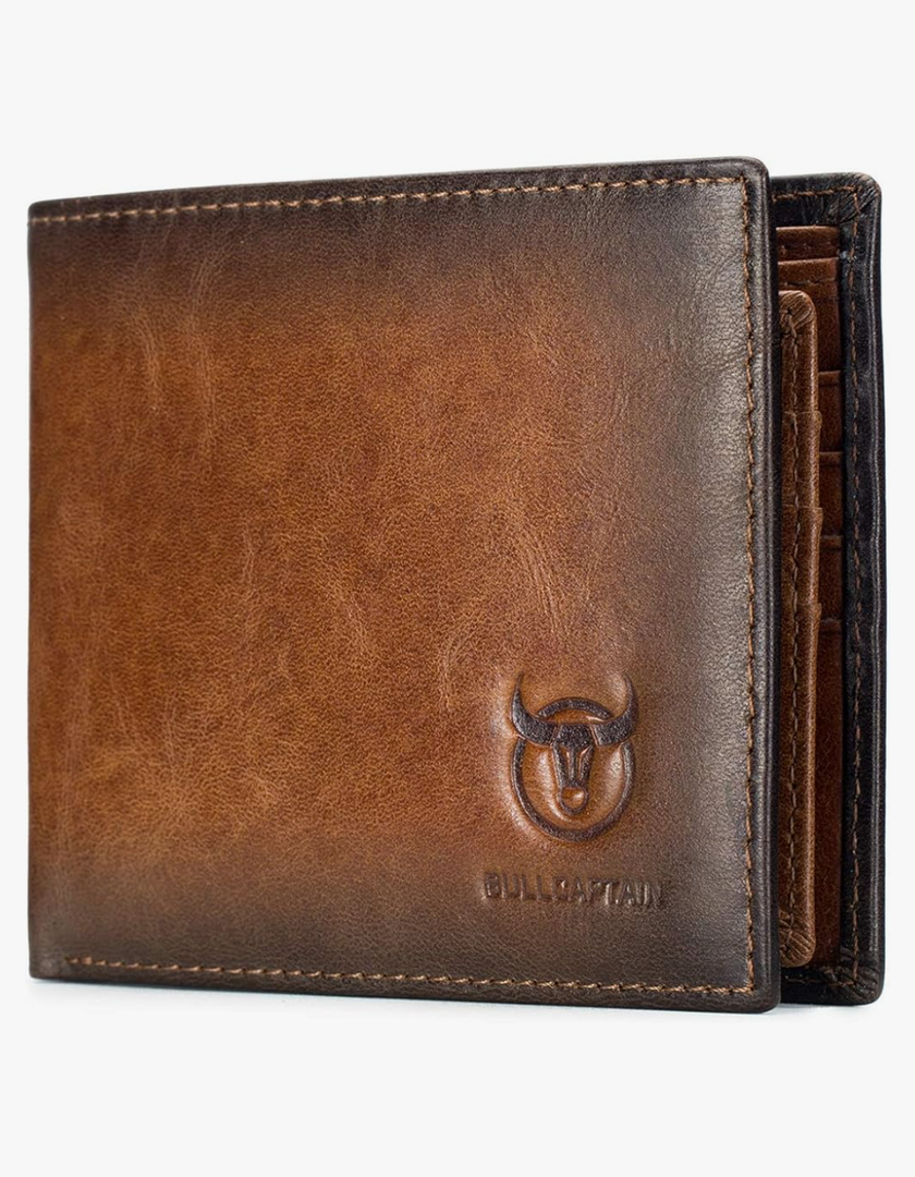 BULLCAPTAIN RFID Wallets for Men Slim Bifold Genuine Leather Front Pocket Wallet with 2 ID Windows QB-05 (Brown)