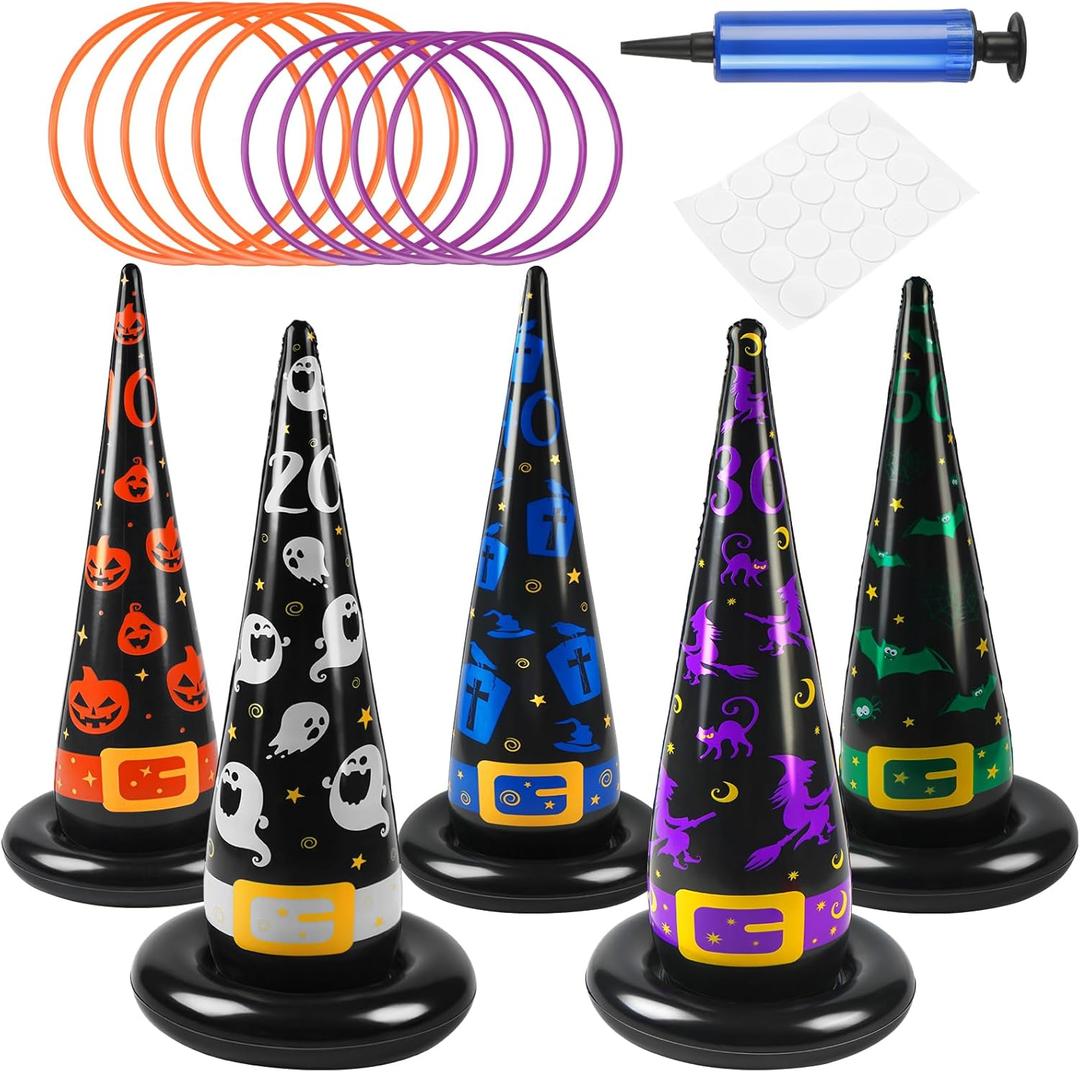 Halloween Ring Toss Games, 17PCS Inflatable Witch Hats Ring Toss Set with Plastic Rings Air Pump for Party Games Super Fun Halloween Games Activities for Kids Adults Indoor Outdoor