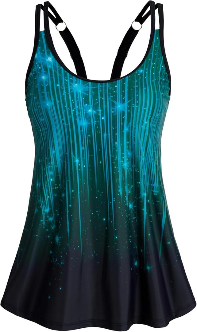 Plus Size Swim Top for Curvy Women Double Strap Flowy Cute Tankini Swimsuit Tops Hides Tummy Blue Green Rays 22W