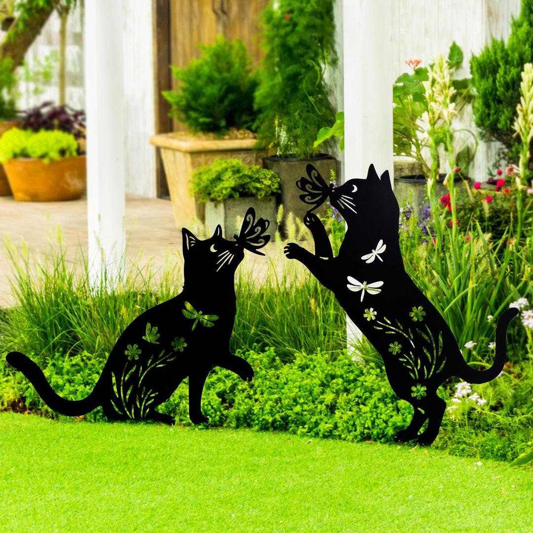 SILERUR Metal Cat Garden Decor/Stake,Gifts for Mother/Father/Kittty Lovers,16" Outdoor Patio Decorative/Yard Art Statue,Weather Resistant Steel Animal Sculptures- Lawn Ornaments,Set of 2.