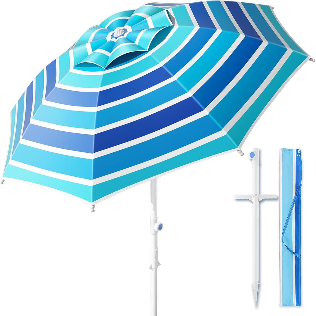 8FT Large Beach Umbrella with Heavy Duty Sand Anchor & Tilt Sun Shelter, Wind Resistance, UPF50+ UV Protection, Waterproof Canopy, Portable for Beach Outdoor Patio Yard Garden Pool (Blue)