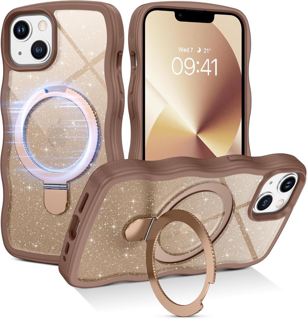 BENTOBEN Magnetic for iPhone 13 Case & iPhone 14 Case with Invisible Kickstand Ring [Compatible with Magsafe] Clear Glitter Curly Wave Bumper Non-Slip Shockproof Women Men Phone Cover, Desert Titanium