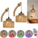 Dijiahua Boho Wall Sconces Set of Two Battery Operated,Wireless Rechargeable Woven Rattan Sconces Wall Lights with Remote, RGB 12 Colors Dimmable Wall Lamp, Wood Indoor Cordless Sconce Lighting (2 Pack-Cylinder, Brown+Yellow)
