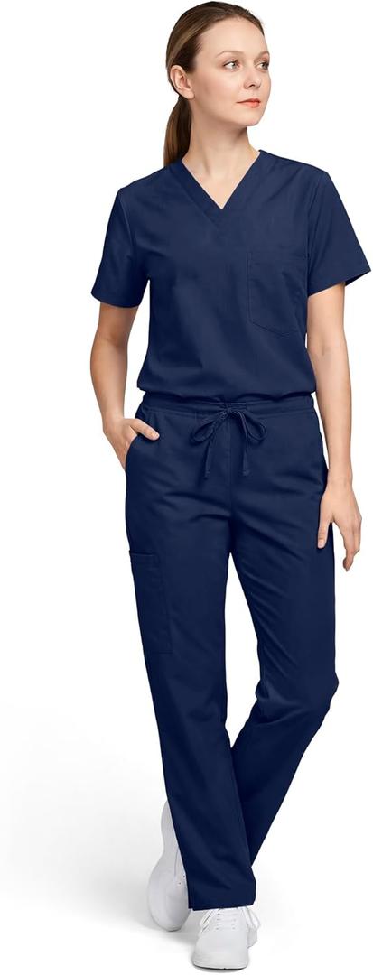 AllHeart Scrubs for Women & Men Medical Scrub Set with V-Neck Top & Cargo Pants Nursing Uniform with 6 Pockets (Large, Navy)