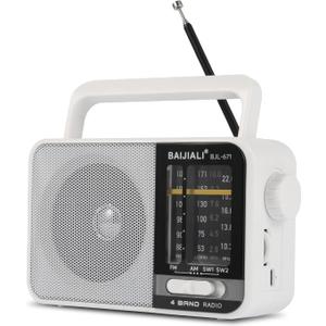 BAIJIALI AM FM SW Portable Radio - Dual Power (Battery/USB) Emergency Receiver with Loudspeaker, Transistor Design for Indoor/Outdoor, Travel & Survival Kit Ready (White, BJL-671)