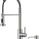 FORIOUS Kitchen Faucet with Soap Dispenser, Brushed Nickel Stainless Steel Spring Sink Faucet with Pull Down Sprayer Transitional Single Handle for Pot Filler, Farmhouse Camper Bar Laundry Room
