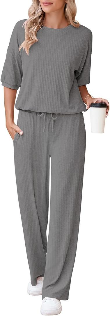 AOHITE Womens 2 Piece Outfits Lounge Sets Short Sleeve Pullover Tops Elastic Wide Leg Pants Set Sweatsuits Tracksuit (Brown, M)