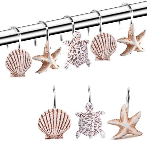 Decorative Shower Curtain Hooks, Seashell Turtles Shower Curtain Rings, Beach Theme Rust Proof Bath Shower Hooks, 12 Pack Bathroom Decoration Ocean Coastal Shower Curtain Hangers