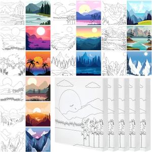 Teling 12 Pcs Pre Drawn Stretched Canvas Kit for Adults Painting Pre Printed Canvas Outline for DIY Painting Party Favor,6 x 6 x 0.6 Inches(Mountain)