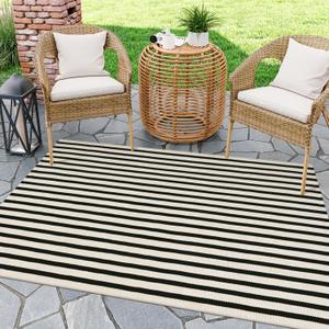 LEEVAN Black and White Outdoor Rug 4x6 ft, Cotton Farmhouse Striped Porch Rugs Hand-Woven Front Door Mat Modern Patio Rug Washable Indoor/Outdoor Area Rugs for Living Room Bedroom Balcony Backyard