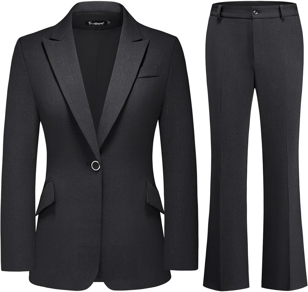 Women's Suit 2 Piece Set Pinstripe Blazer and Bootcut Dressy Pants Set for Work Office Business Outfits (X-Large, Black)