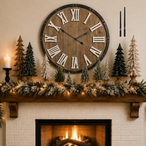 Oversized 30" Farmhouse Wall Clock, Rustic Wood Round Timepiece with Raised Roman Numerals, Black Metal Frame, Silent Quartz, Durable & Easy-to-Clean, Living Room & Entryway Decor (Weathered Brown)