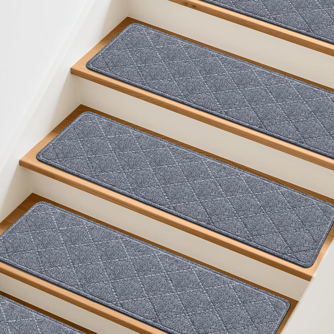 Stair Treads Non-Slip for Wooden Steps, 15Pack - 8" x 30" Edging Stair Runner Indoor for Kids Elders & Pets, Washable Carpet Stair Treads with Peel & Stick Reusable TPE Backing, Grey