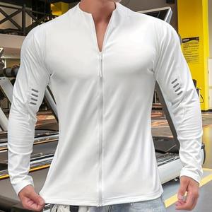 Men's Quick Dry Full Zip Workout Shirt, Cycling Sunscreen Sportswear, Sweatshirt Long Sleeve for Running & Training White, Large