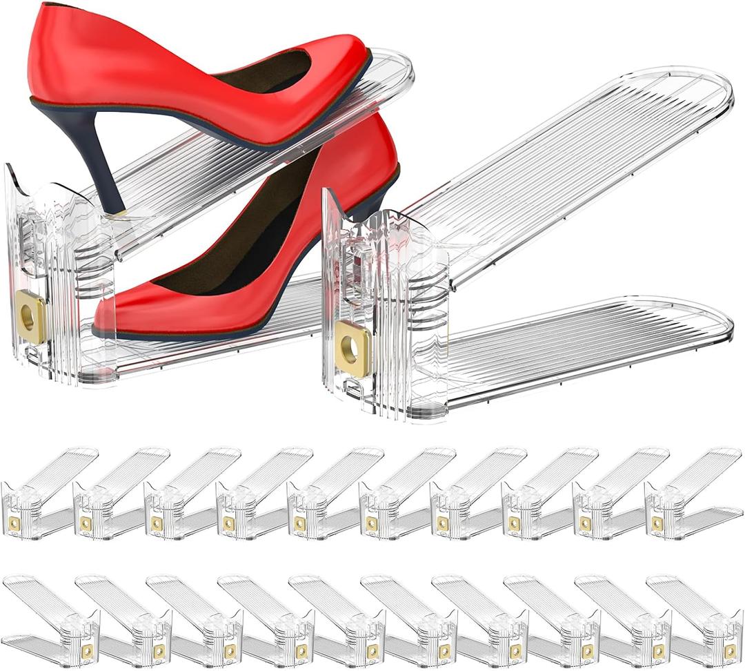 Degcicx Shoe Slots Organizer,Adjustable Shoe Stackers,20 Pack Shoe Space Savers,Shoe Storage Holder for Closet,Transparent