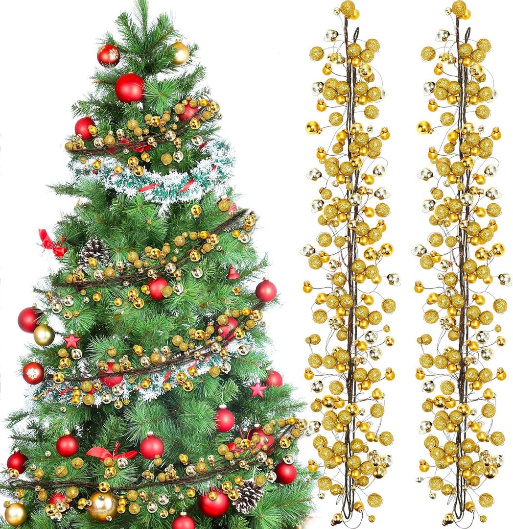 WILLBOND 9 ft Gold Assorted Christmas Ball Garland Ball Ornaments Hanging Baubles Ornament for Xmas Christmas Tree Fireplace Wreath Indoor Outdoor Home Office Decoration