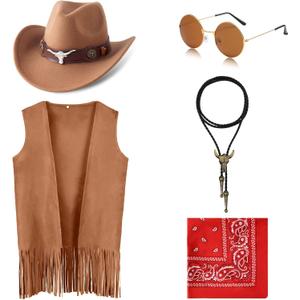 Cowboy Outfits for Boys Kids 5 Pcs Western Costume Accessories Cowboy Hat Fringe Vest Necklace for Halloween 4-5 T (Khaki)