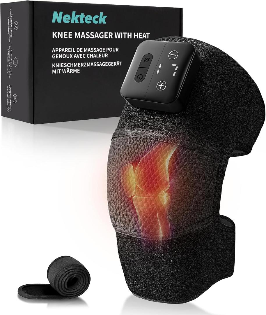 Nekteck Knee Massager with Heat - Cordless Heated Knee Brace with Vibration for Pain Relief, Rechargeable Knee Heating Pad with 5 Heat Levels and 3 Massage Mode, Ideal Gift for Mom Dad Matte Black