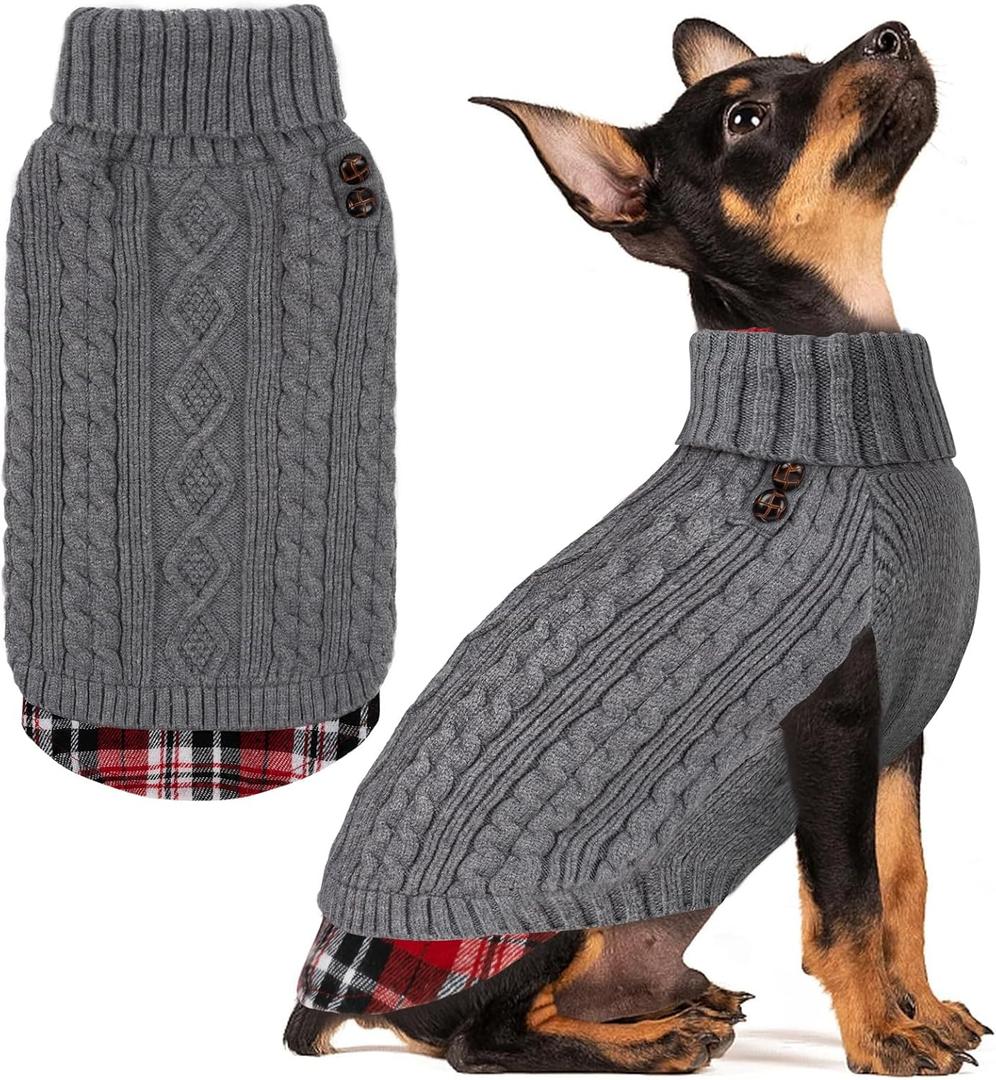 KYEESE Dog Sweater Soft Pullover Dog Sweaters for Small Dogs Male Warm Turtleneck Small Dogs Sweater with Gingham Patchwork Stretchy Knitwear Cat Clothes Thick Pet Coat for Fall Winter Cold Weather (1# Grey) S