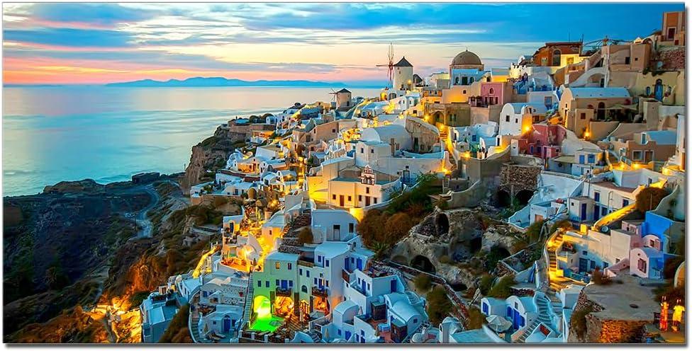 JXBYJP Large Santorini Greece Sunrise Sea Wall Art Architecture Landscape Picture Ocean Canvas Print Contemporary Artwork for Living Room Bedroom Office Home Decor Frame 20x40inch