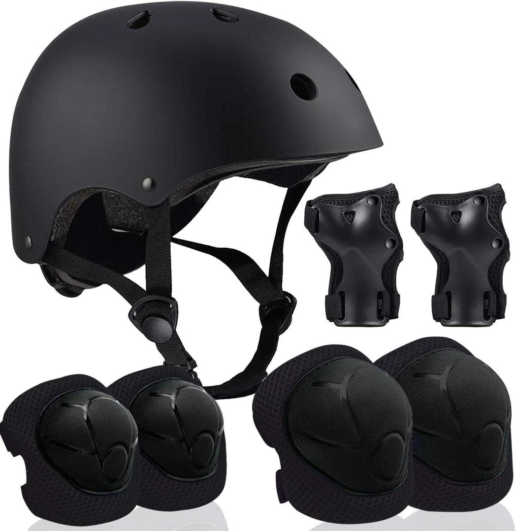 Adjustable Helmet for Ages 5-16 Kids Toddler Boys Girls Youth,Protective Gear with Elbow Knee Wrist Pads for Multi-Sports Skateboarding Bike Riding Scooter Inline skatings Longboard Roller Skate (Small: 48-54 cm, black set)