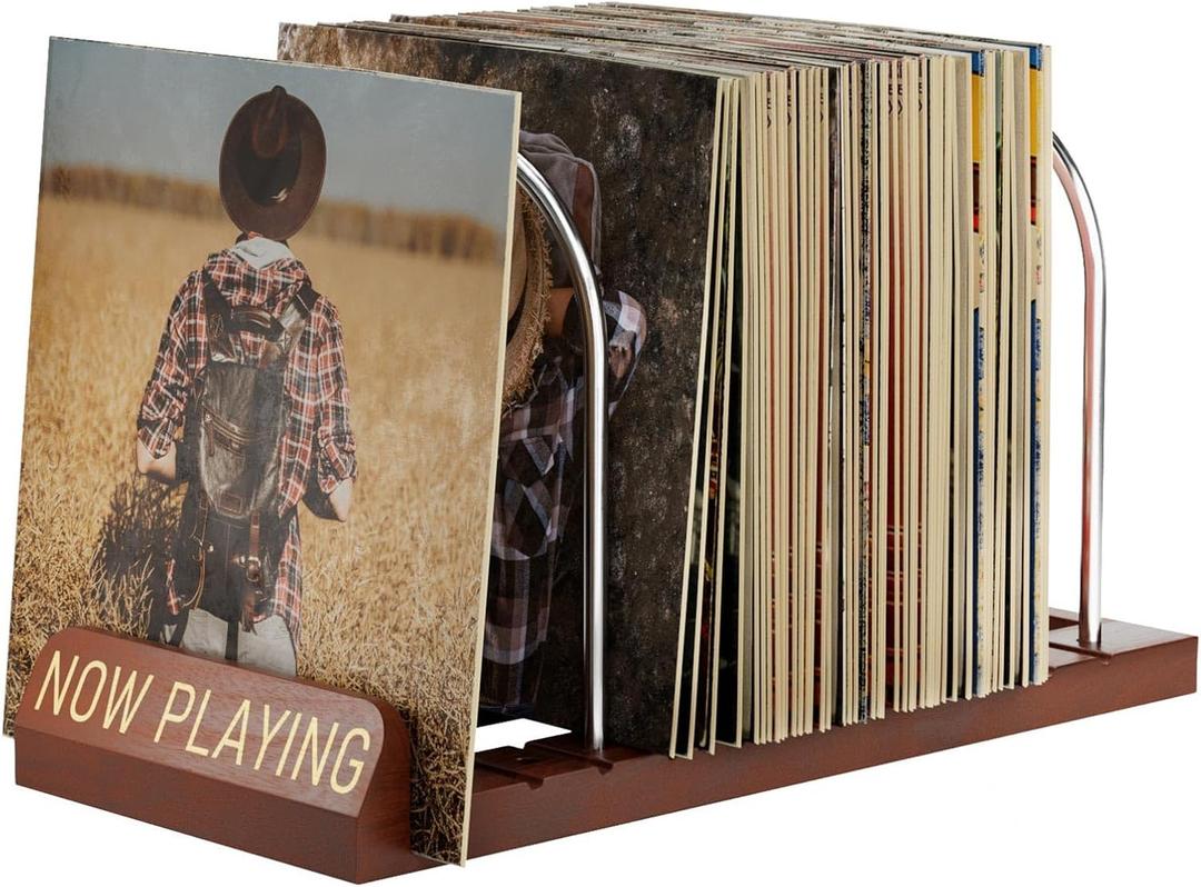 Now Playing Vinyl Record Stand, 50 LP Vinyl Record Storage with Non-slip Grooves, Wood Now Spinning Vinyl Record Holder for Albums Magazine Rack Magazine Organizer Record Display, Gift Package