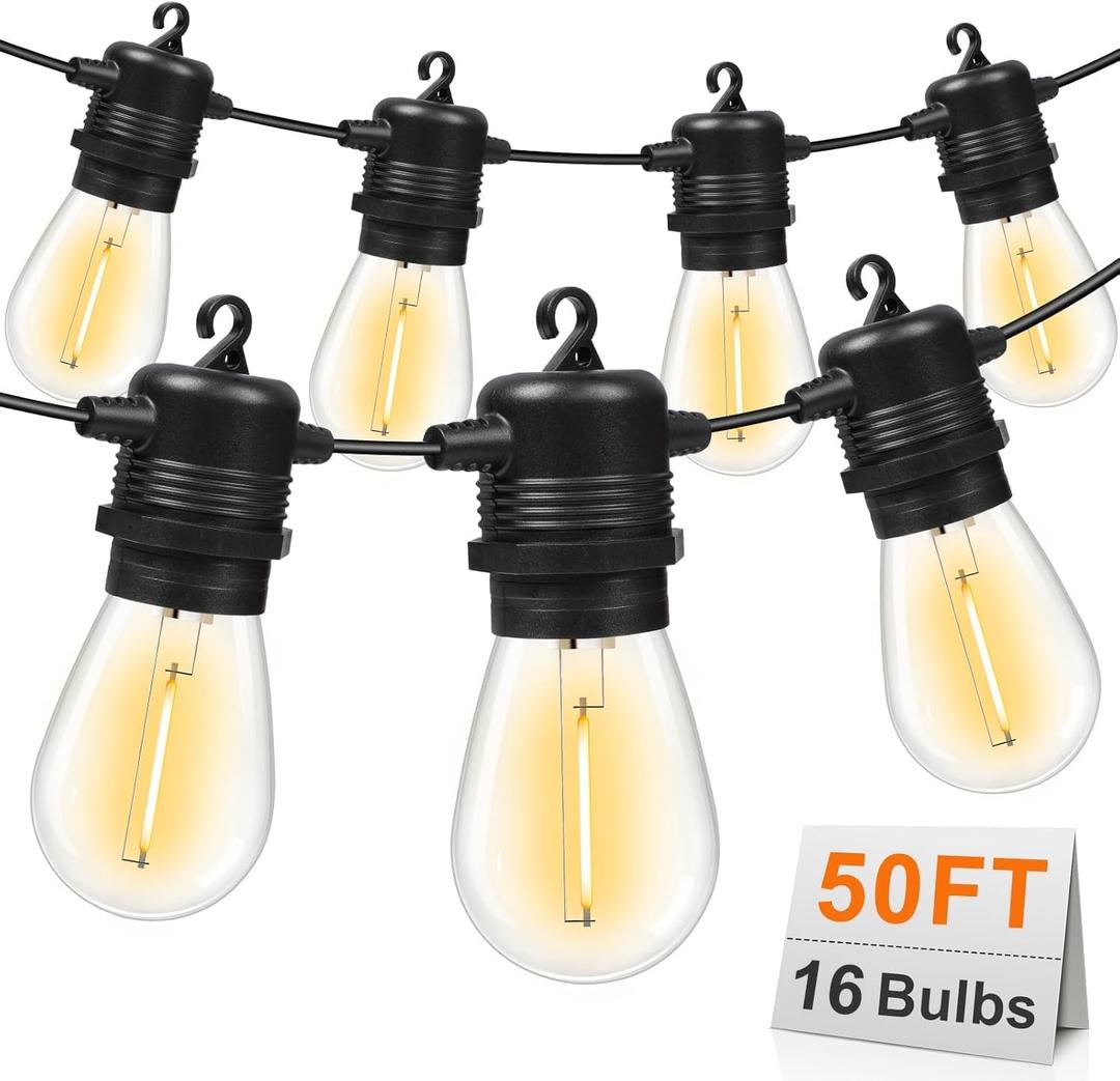 GvvooHome 50FT LED Outdoor String Lights with 16 Shatterproof Waterproof S14 Replaceable Bulbs(1 Spare), 2700K Commercial Grade Patio Lights, Outside Hanging Light for Yard Garden Porch Deck Decor